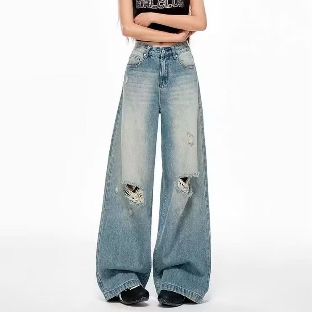 Jeans berpinggang tinggi-Jeans wanita-Jeans rusak-Jeans longgar vintage-celana-Celana jeans