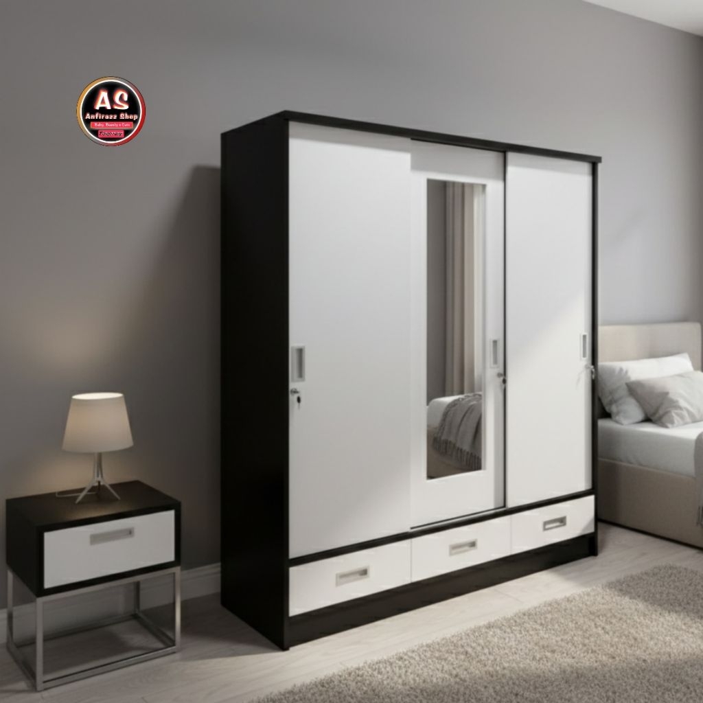 Lemari Pakaian Tiga Pintu Sliding Bahan Triplek Enam Mili Dengan Rangka Blockboard Finishing Cat Duk