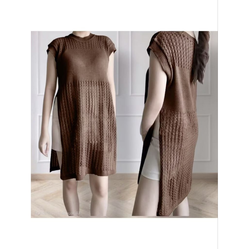Ruby Knit Top Outher Premium Acrylic Korean Import - Tunik Jaring Rajut Wanita Belah Samping Tanpa L