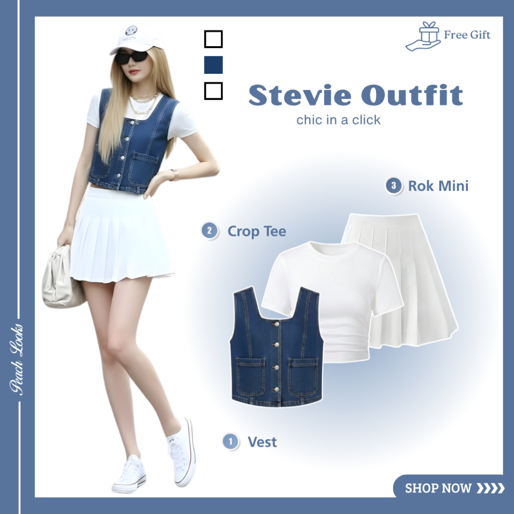 One Set Stevie Outfit (  Vest  + Crop Tee + Rok Mini ) Ootd Korean Style  |  Fashion Wanita Kekinian