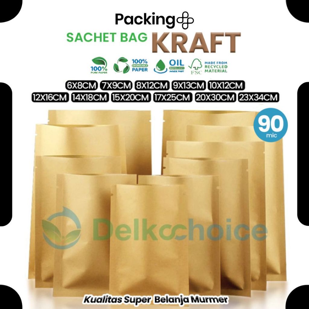 Kemasan Plastik Sachet Saset 90um Kraft Paper Coklat / Kemasan Kertas Snack dan Kopi - Delkochoice