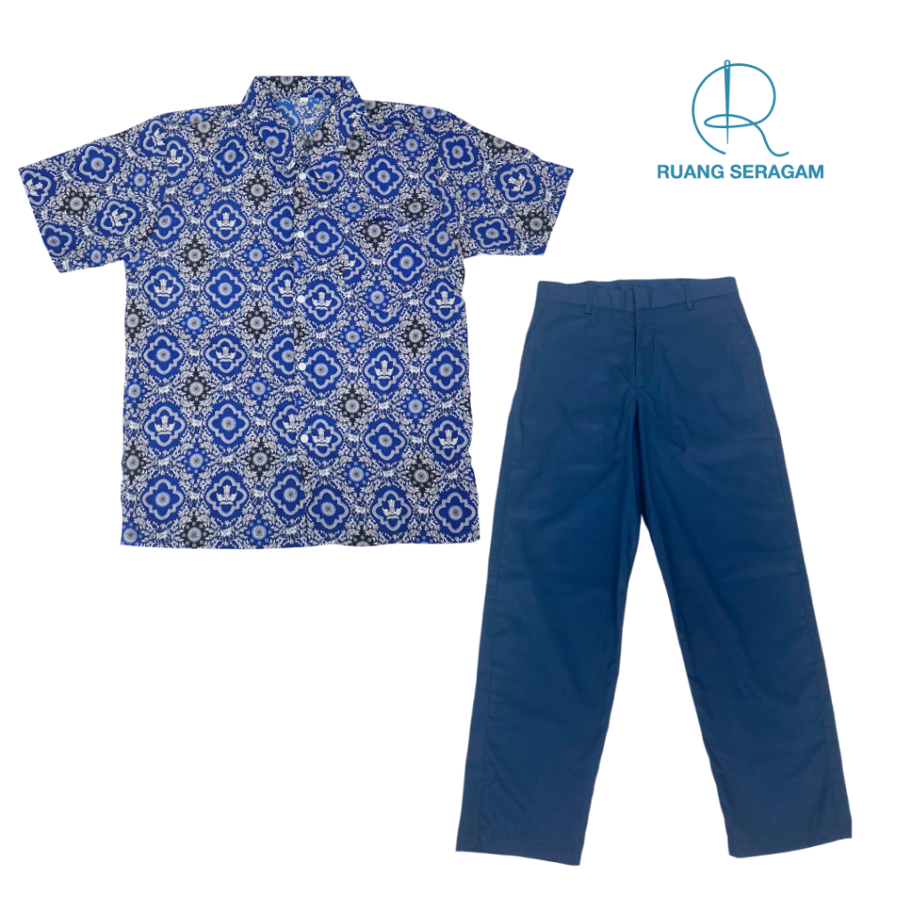 SATU SETELAN BATIK SERAGAM SEKOLAH SMP MOTIF TUNAS HARAPAN BIRU LENGAN PENDEK DAN CELANA SMP PANJANG