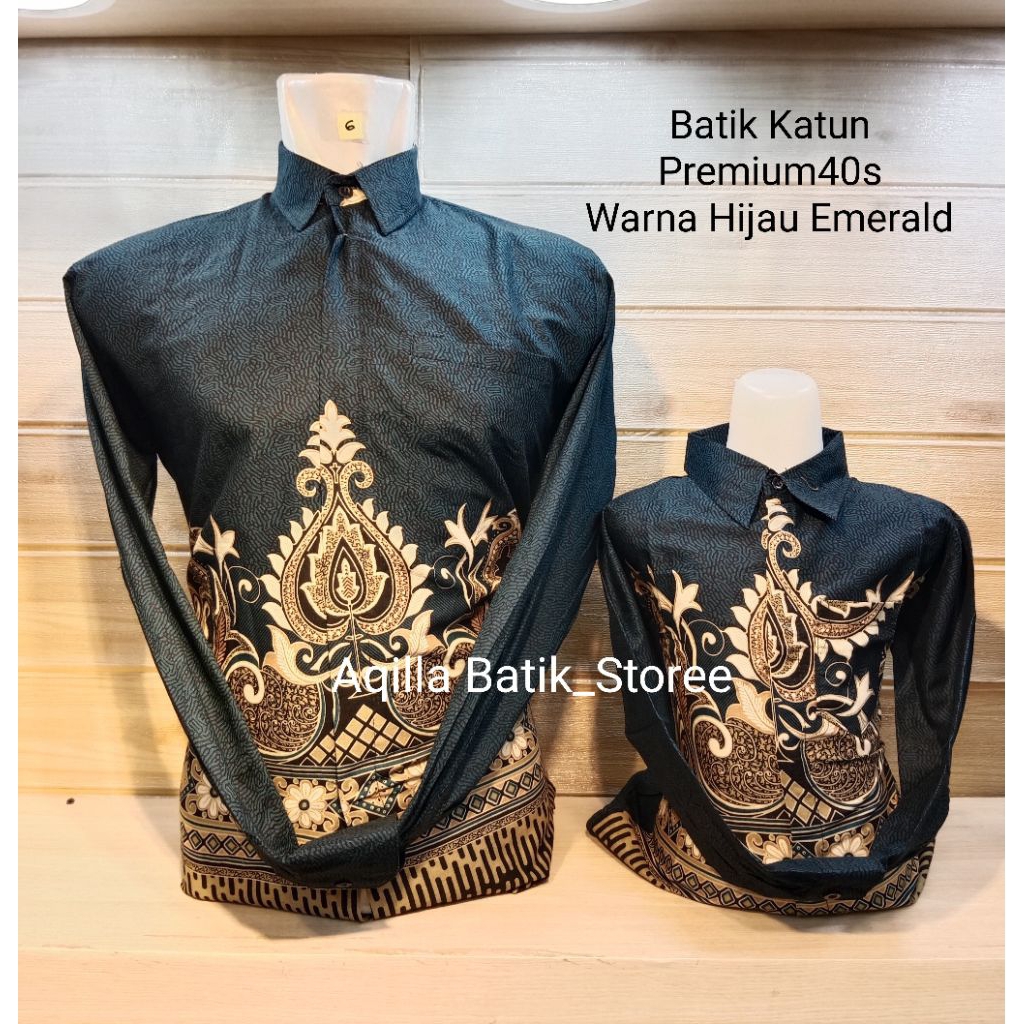 Batik Couple Lengan Panjang Premium Modern-Kemeja Pria Furing & Anak Non Furing Batik Warna Hijau Em
