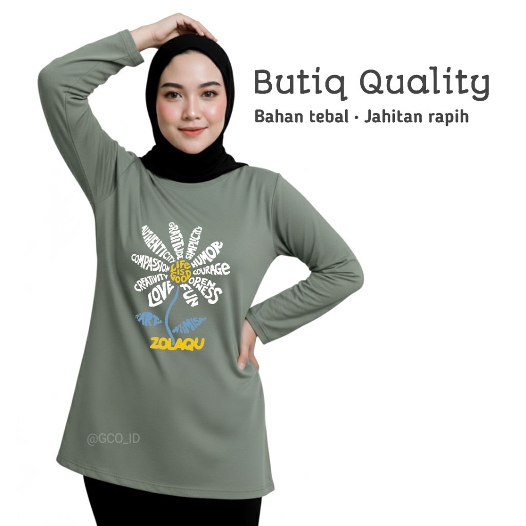 Kaos Semitunik Zolaqu Original Terbaru 2025 Hijau Sage | Oversize ZLQ Tunik Motif Batik Lengan Panja