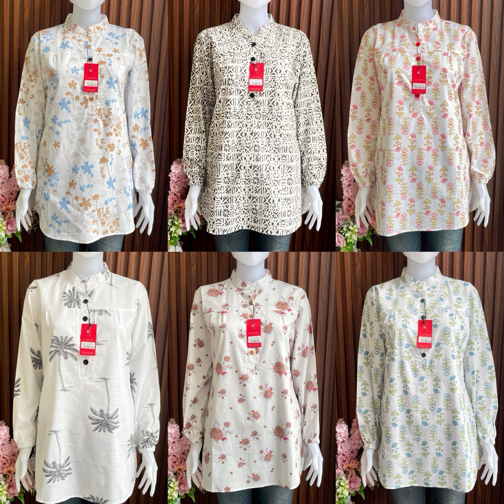 Tunik 3C Blouse Wanita Motif Kotak & Bunga Kerah Shanghai Katun Premium & Rayon | Atasan Lengan Panj
