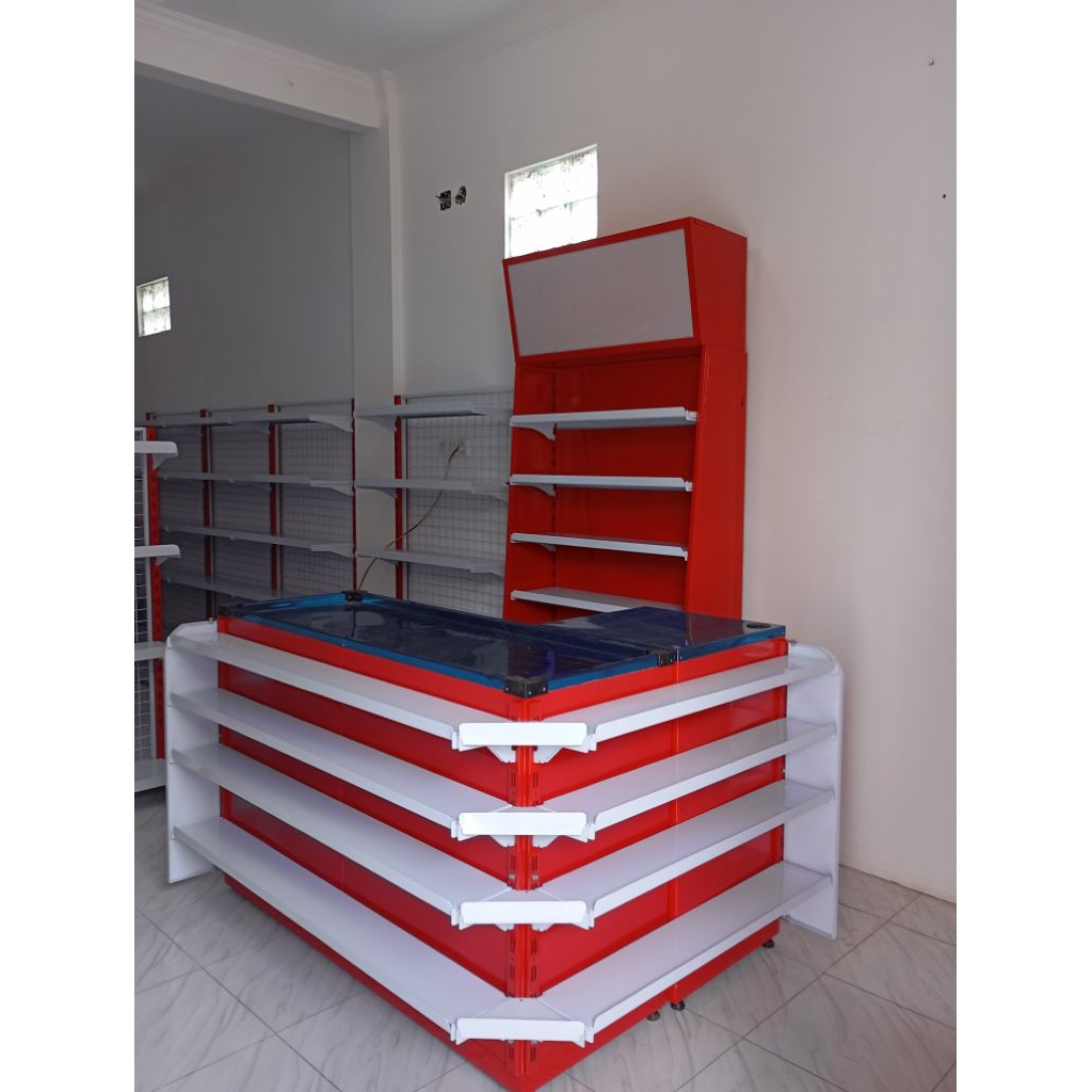 Paket Meja kasir tipe L + Backwall rak rokok