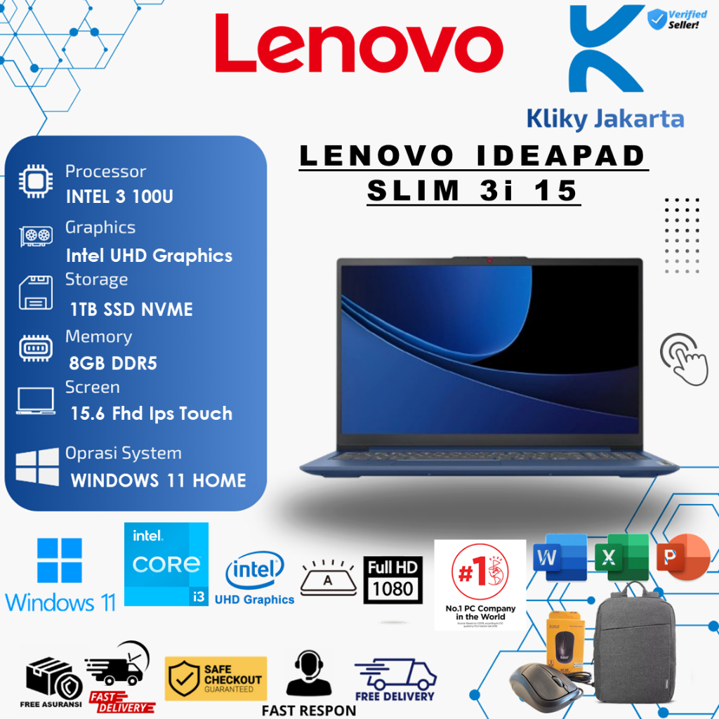 Laptop Lenovo IdeaPad Slim 3i 15 Intel I3 100U 8GB DDR5 1TB 15.6 Fhd Ips Touch Win11 Home BLUE