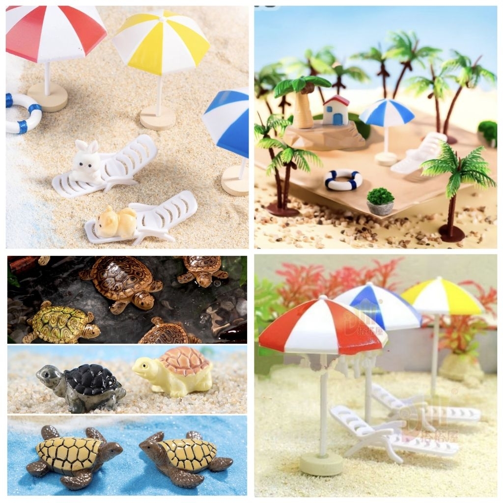 (Part 3/3) Miniatur PANTAI Payung Kursi Kura Penyu Pohon Kelapa Plastik Rumah Pantai Sea Laut Bahan 