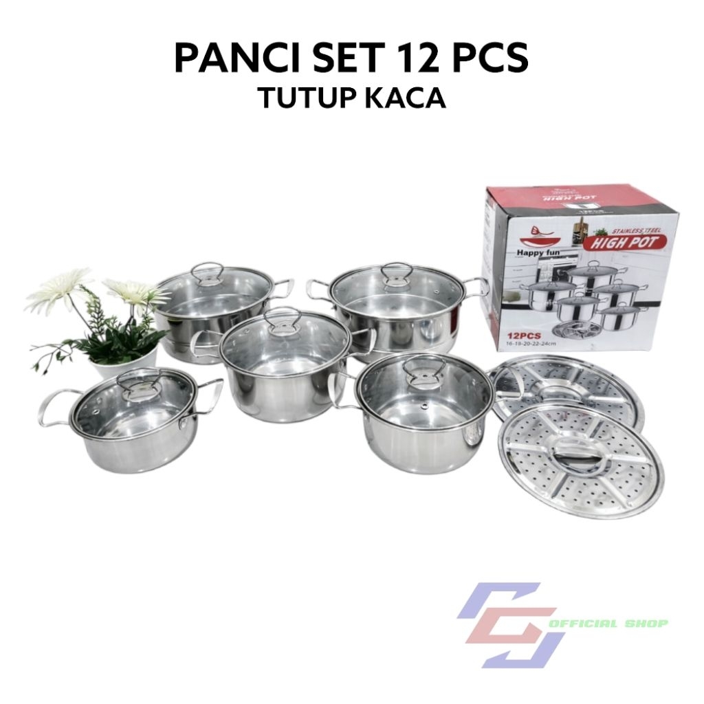 Panci Set 5 Pcs + 2 Steamer Tutup Kaca / High pot Panci set 12 Pcs Stainless steel