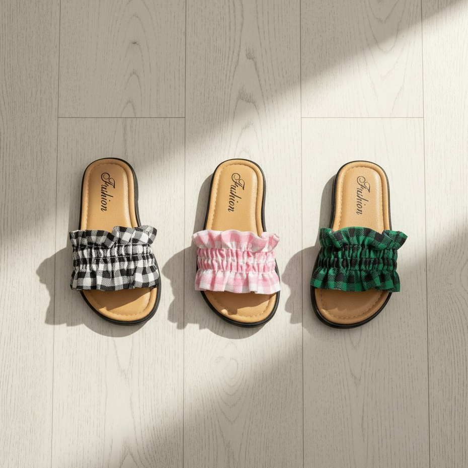 LK SH2233 Sandal Anak Perempuan Import Sendal Anak Cewek Kotak-Kotak Renda Size 24-35
