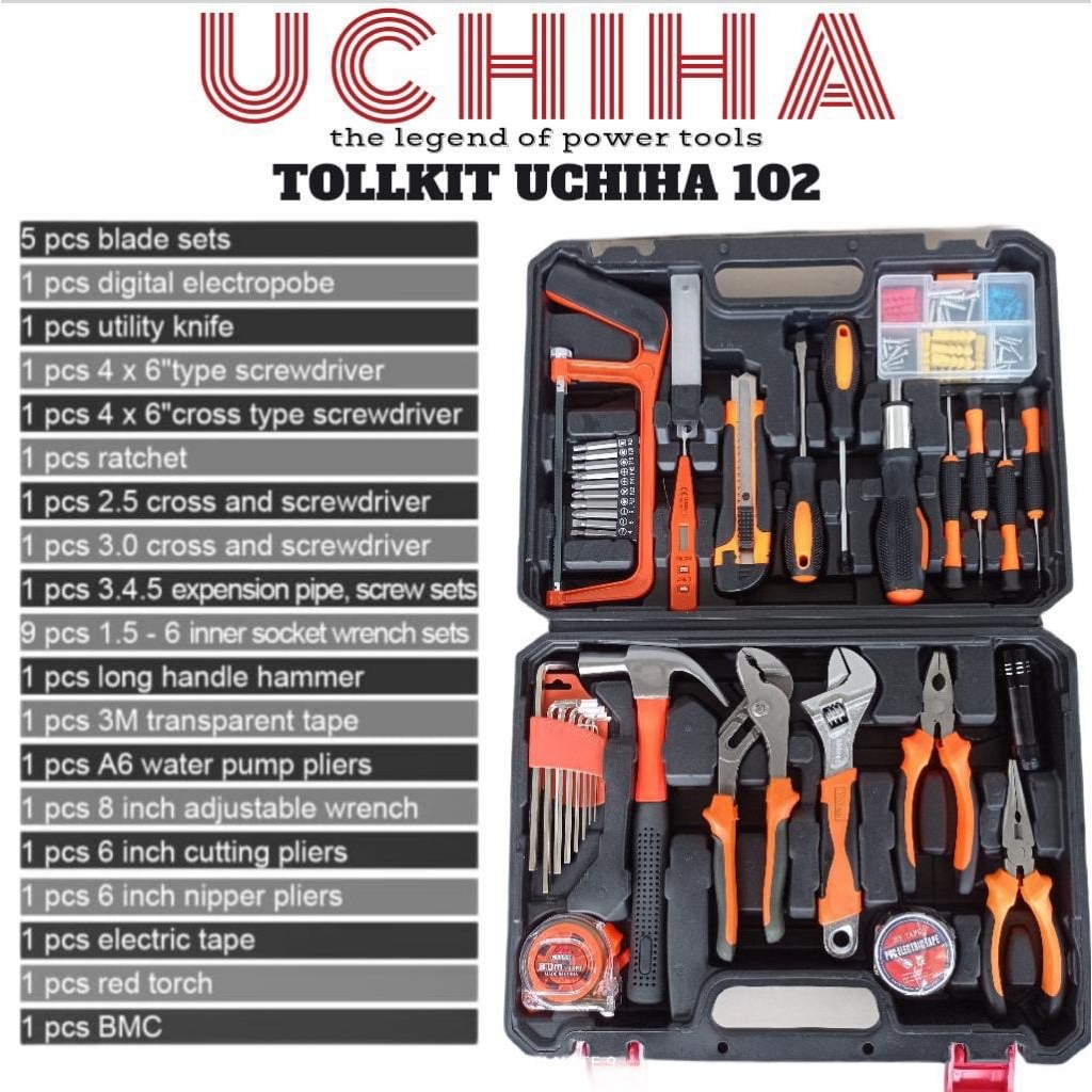 Toolkit set 102pcs uchiha  kualitas sangat tinggi dapat bonus bor baterai fullset.