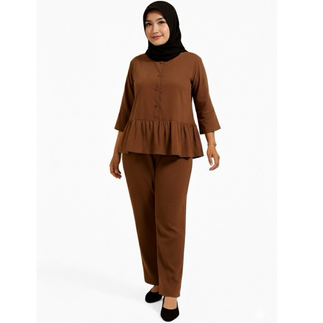 Ahya Fashion-One Set Muslimah Polos Premium / Setelan Celana Wanita Tunik Peplum / Baju Kerja Kantor