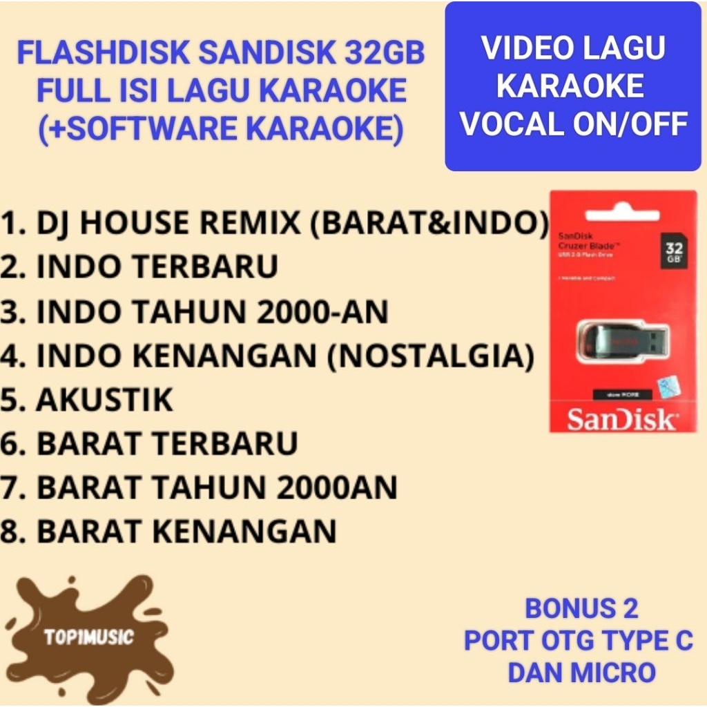 flashdisk sandisk 32GB full isi lagu karaoke dj house remix