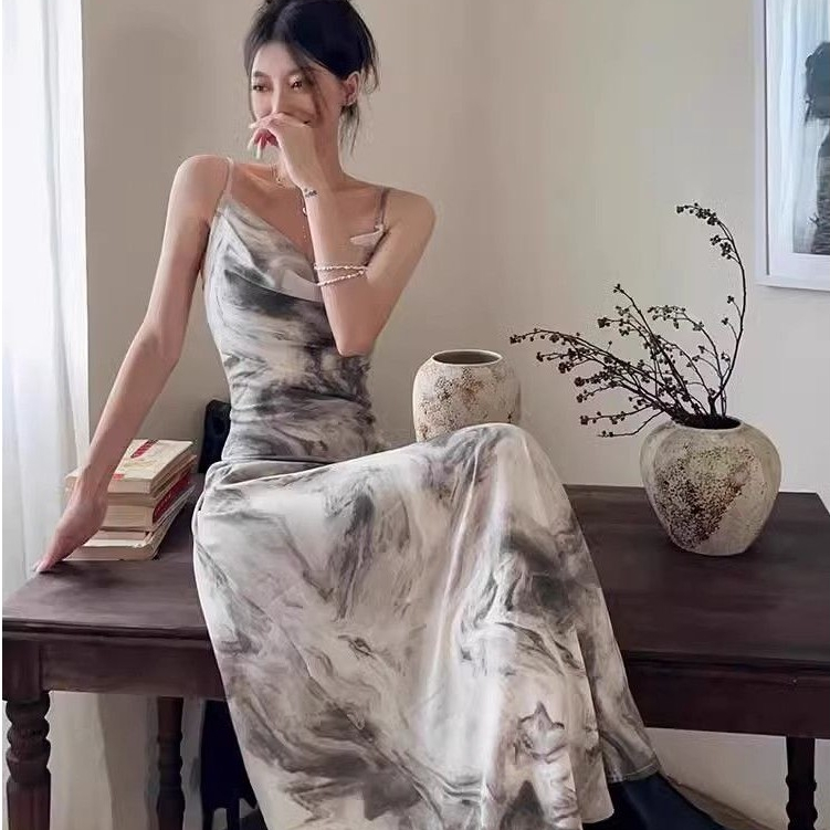 Gaun Malam Elegan Wanita Gaya Prancis/Gaun Panjang Santai Manis dan Dewasa