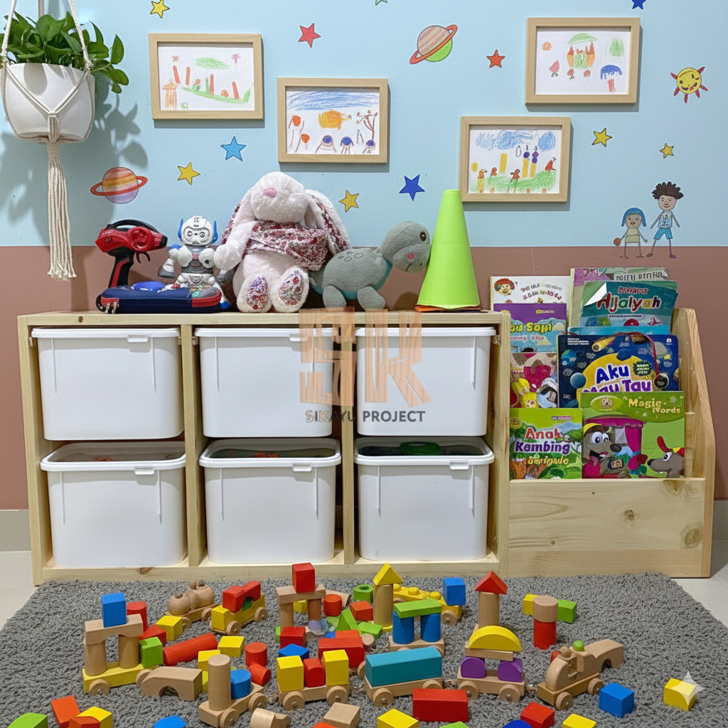 Rak Mainan Anak Minimalis 6 Box + Rak Buku Samping - Rak Buku Trofast Minimalis Kayu Jati Anak Serba