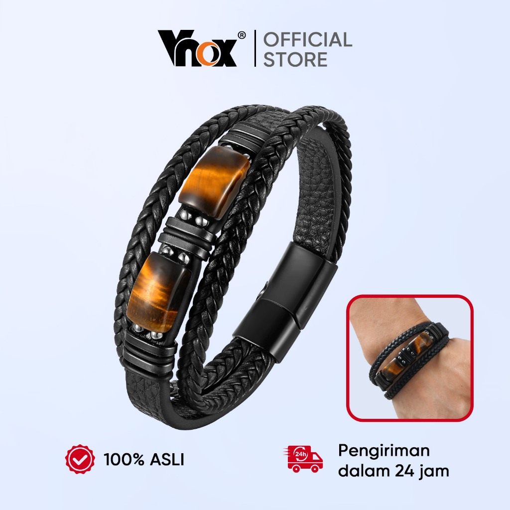 NEW Vnox Gelang Tangan Tali Pria Kulit Anyam Titanium Steel Gelang Batu Mata Harimau Doa Gelang