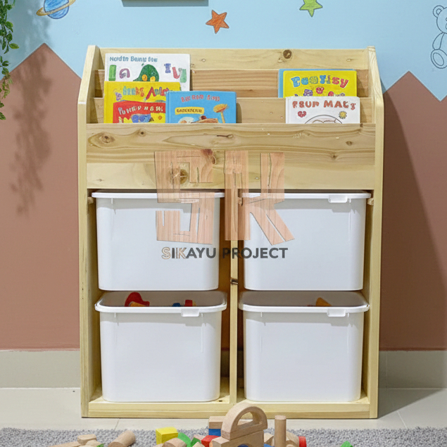 Rak Mainan Anak Minimalis 4 Box + Rak Buku Atas - Rak Buku Trofast Minimalis Kayu Jati Anak Serbagun