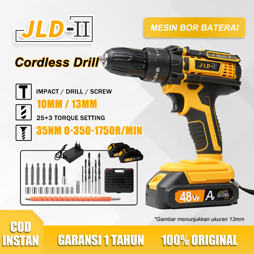 JLD-II Mesin Bor Baterai 48Vf Bor cas 2baterai Promo 13mm/10mm Bor Impact Fullset Bor Tanpa Kabel Bo