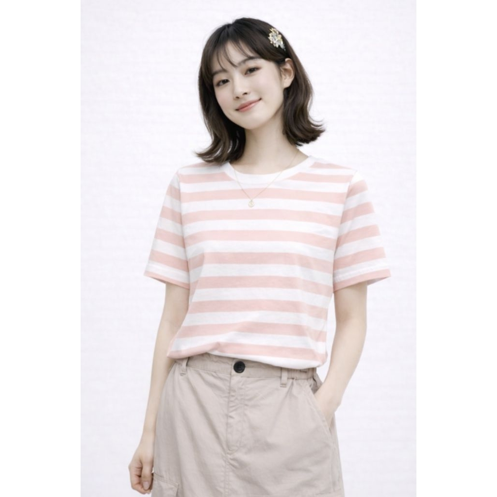 T Shirt MUJI Basic Full Cotton Stripes WhiteXSoft Pink (M)