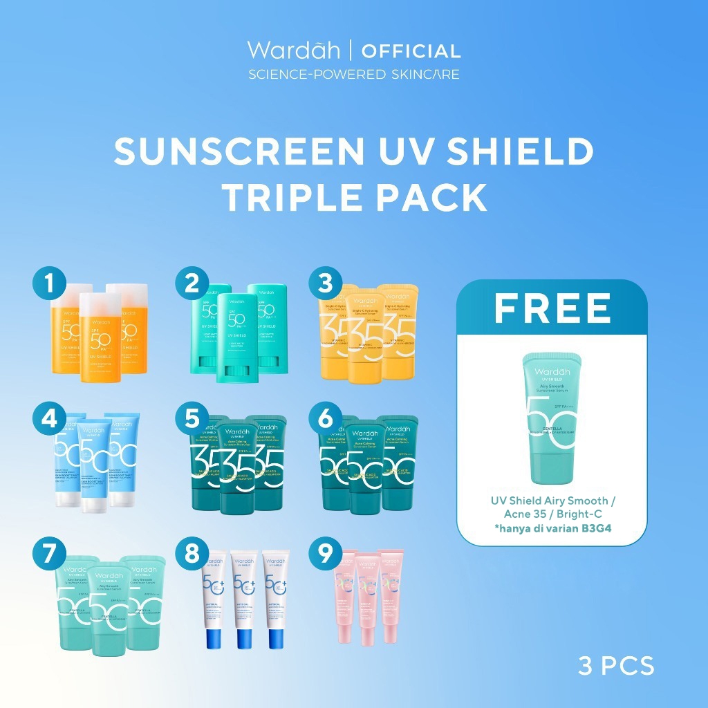 Wardah Sunscreen UV Shield Triple Pack Buy 3 Get 4 SPF 35 PA +++ / SPF 50 PA++++ (Airy Smooth, Essen