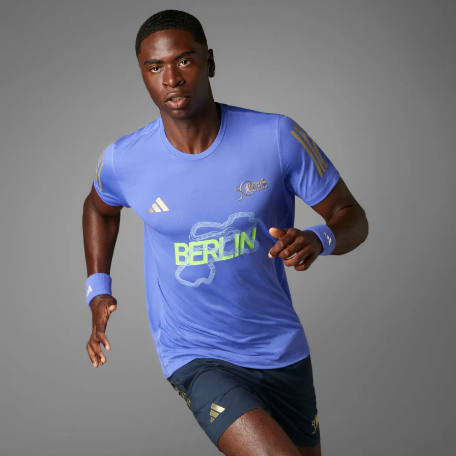Kaos Sport Olahraga Pria Spesial Adidas 50th BMW Berlin Marathon 2024 Finisher Aeroready Short Sleev