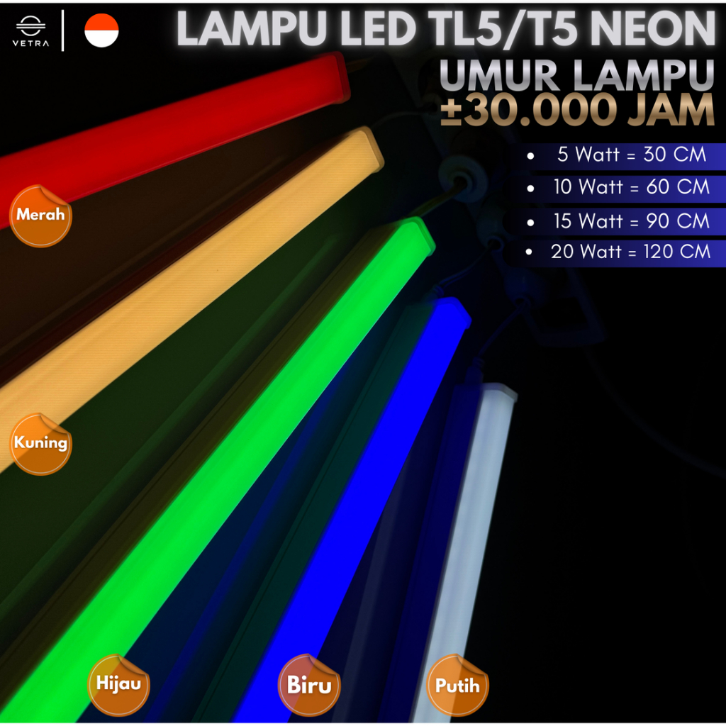 Vetra - Lampu Neon TL5 / T5 LED 5/10/15/20 Watt Tube Warna Warni 30 cm / 60 cm / 90 cm / 120 cm Lamp