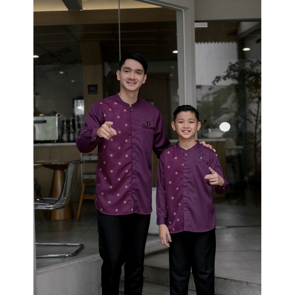 alanza kurta couple ayah dan anak /baju lebaran pria muslim  lengan panjang burgundy hitam putih