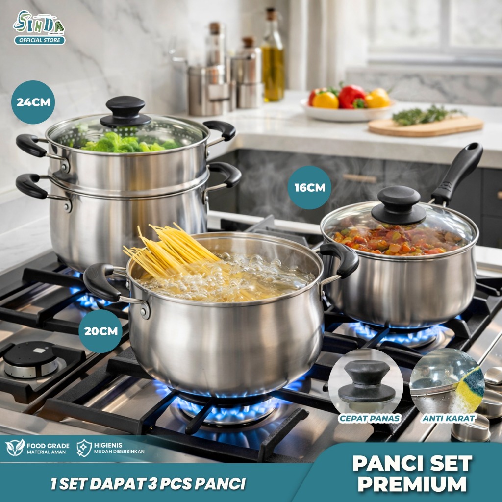 Sinda Panci Set Full Stainless Steel 4 Set Cookware Set High Quality Anti Lengket