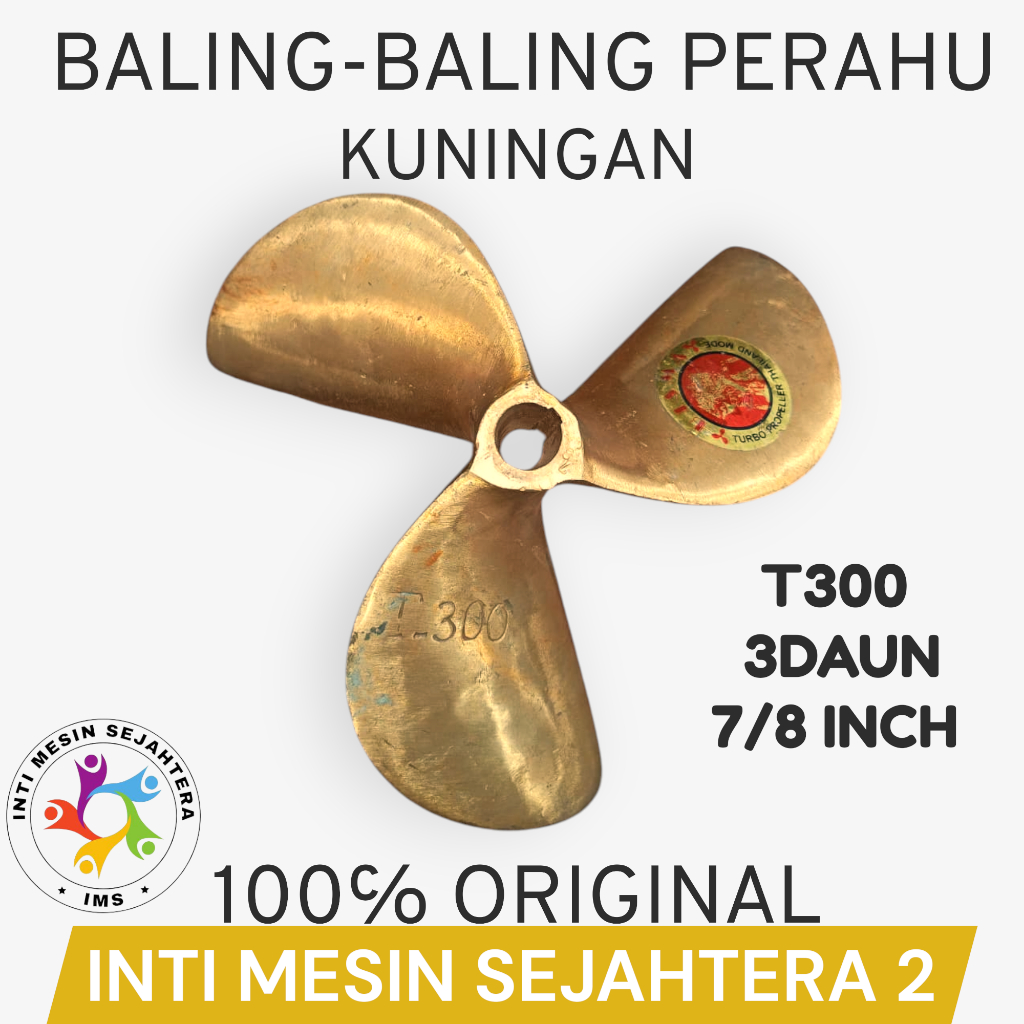 Baling kuningan T300 kipas kapal perahu nelayan daun 3 propeler 7/8 INCH