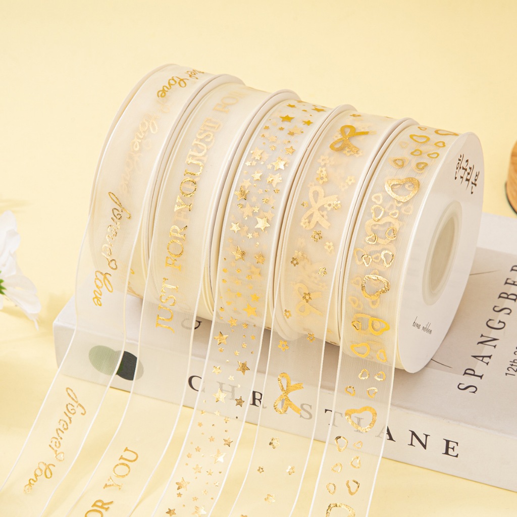 MADEBYBULAT - PITA ORGANZA KOREA MOTIF KADO KEMASAN HADIAH GOLD TRANSPARAN 25MM