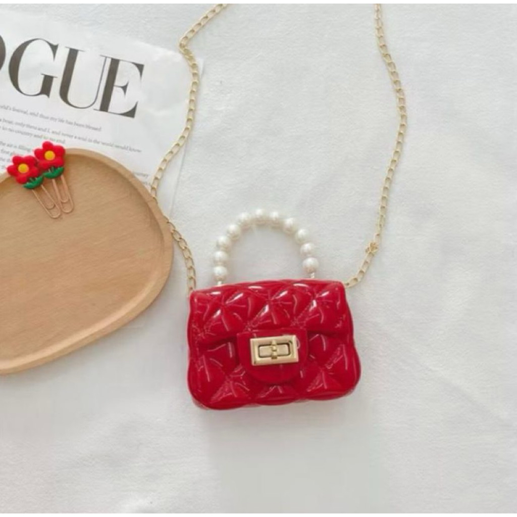 Tas Selempang Jelly Hand Bag Mini Motif Mutiara Sling Bag Wanita Rantai Gold Vintage Kekinian Merah