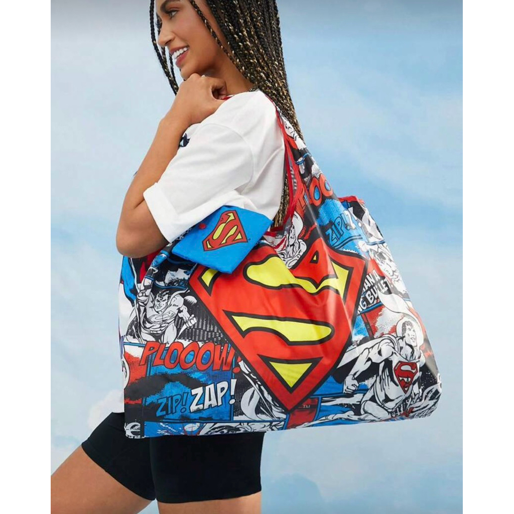 SUPERMAN X SHEIN 1pc Logo Pattern Printed Foldable Shopping Bag, Tote Bag, Includes A Compact Storag