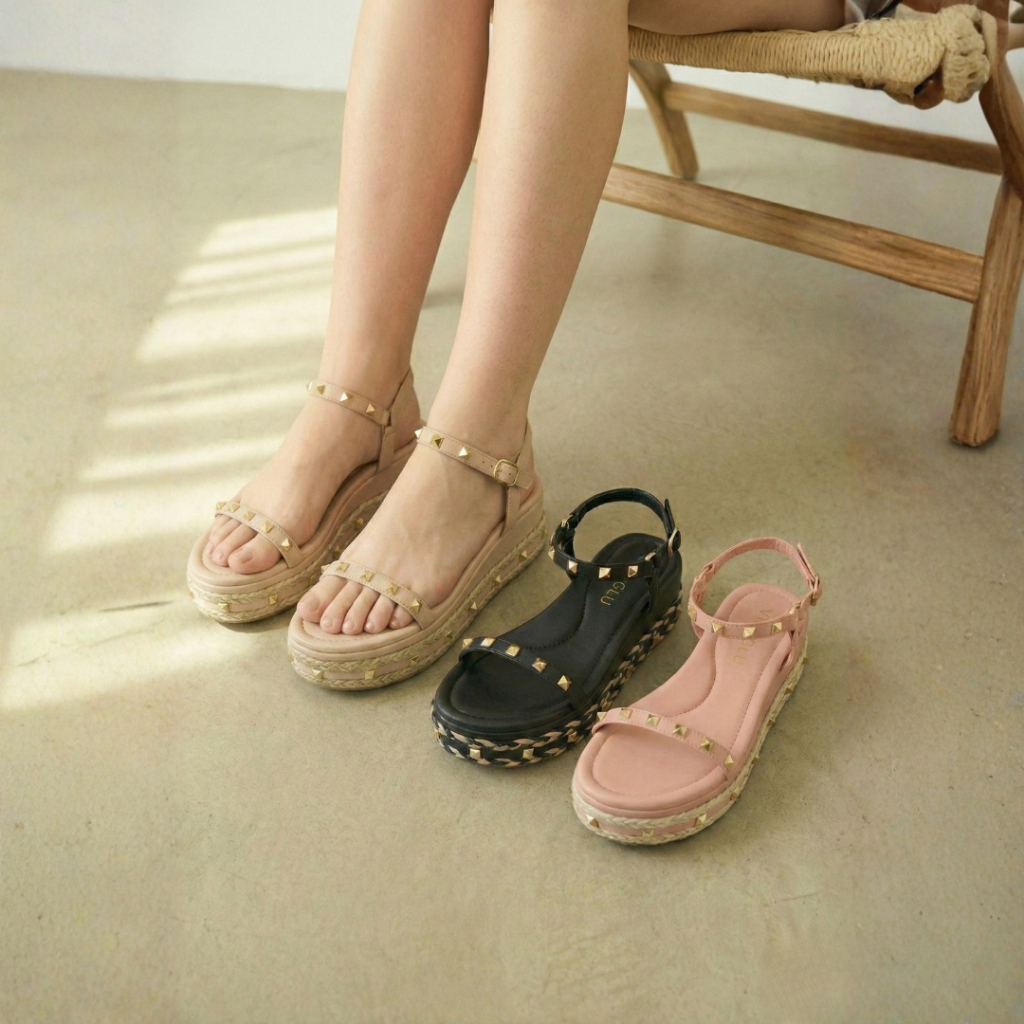 Alova Glu-glu Sendal Wedges stud 6cm Wanita Sandal studed valentino