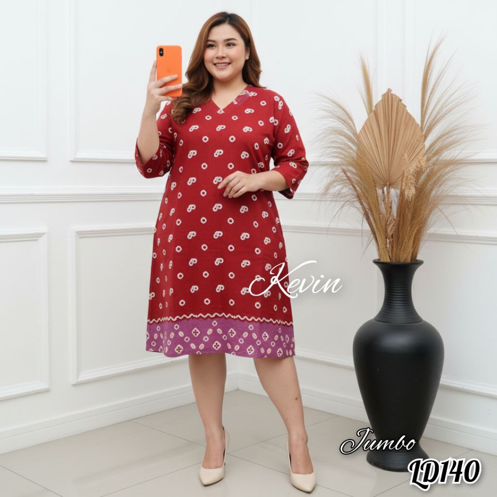 Tunik Batik Jumbo LD140 Atasan Batik Wanita Kerah V Neck