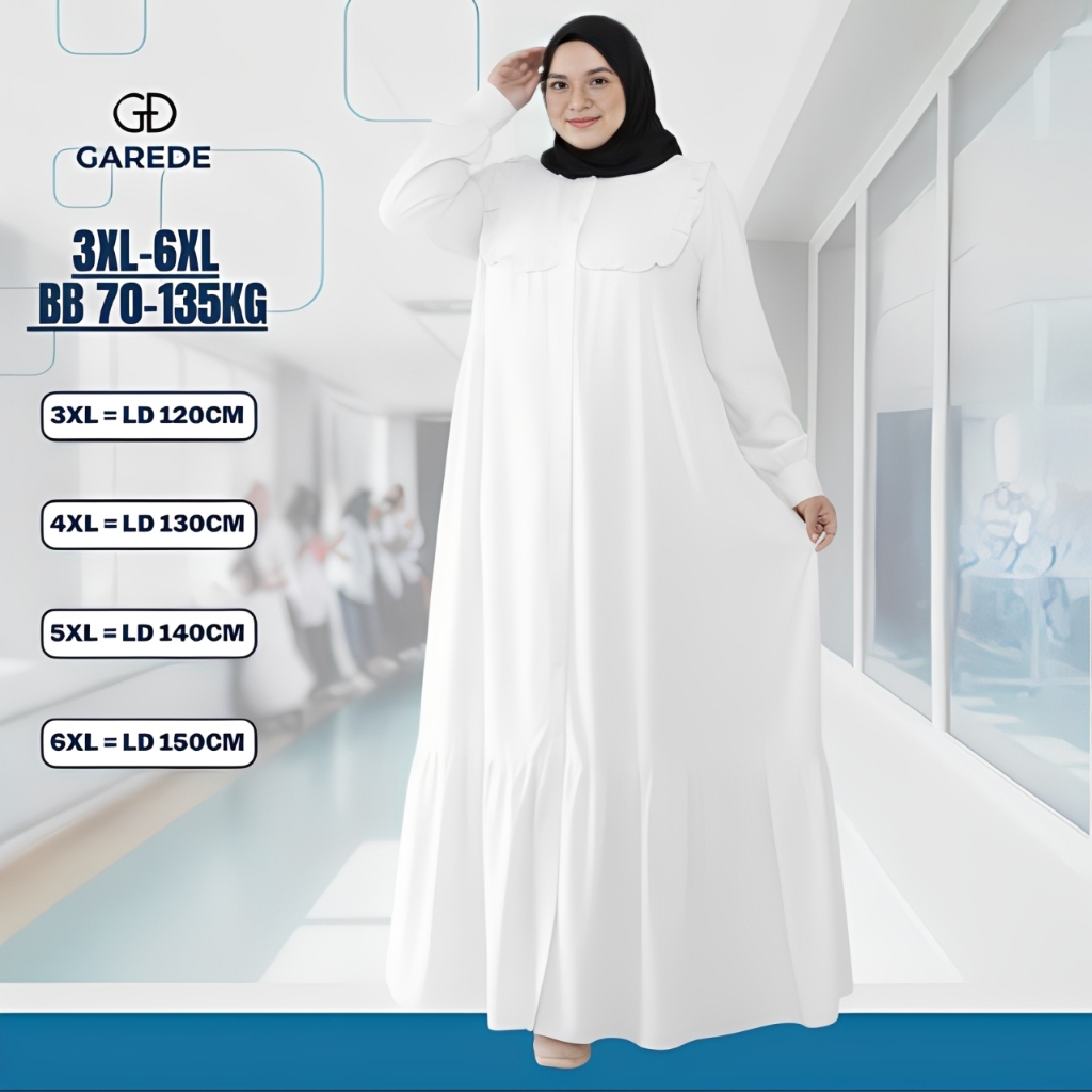 Garede - Gamis Jumbo LD 120 130 140 150 Crinkle Premium Abaya Lebaran Putih Mewah  Syari Terbaru