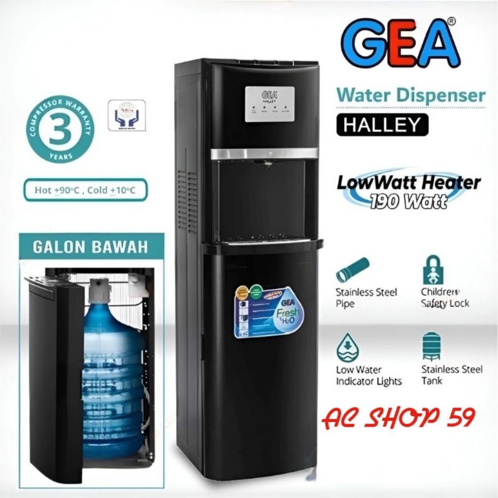 GEA HALLEY Water Dispenser Low Watt  Galon Bawah Panas Dingin Normal New