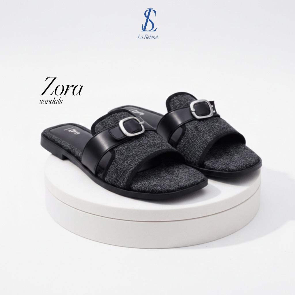 LaSelene - Zora Sandal Wanita Flat Sandal Slop Teplek Gesper Anti Slip L1 | Black Tweed