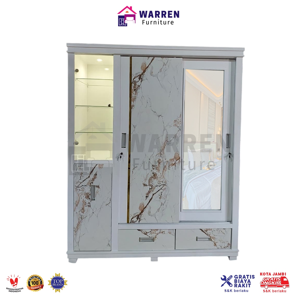 Lemari Pakaian 3 Pintu Sliding Kaca LED  + Rak Tas + 2 Laci Bawah - HPL / Lemari Pakaian 3 Pintu Sli