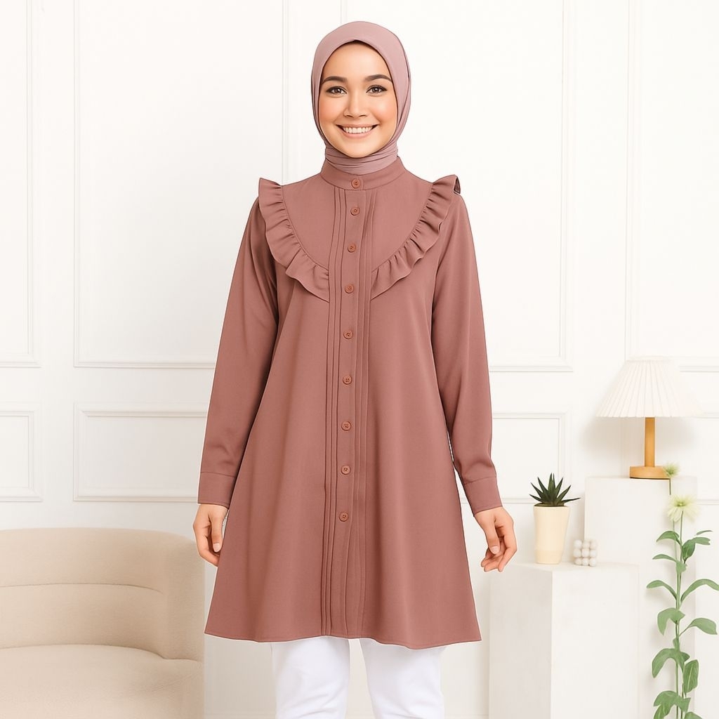 Tunik Polos Cotton Shakila Premium Full Kancing Depan - Tunic Baju Lengan Panjang Kekinian