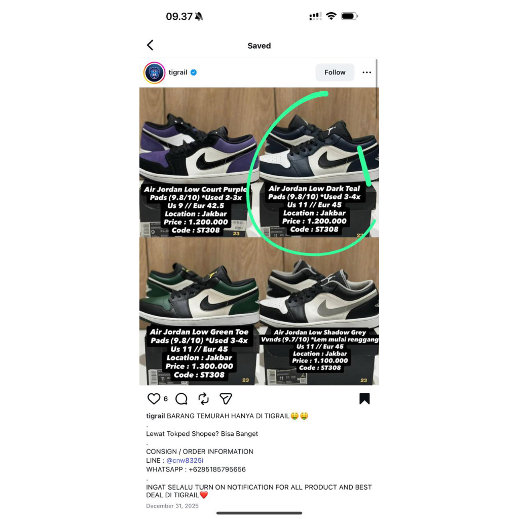 air jordan 1 low dark teal bekas