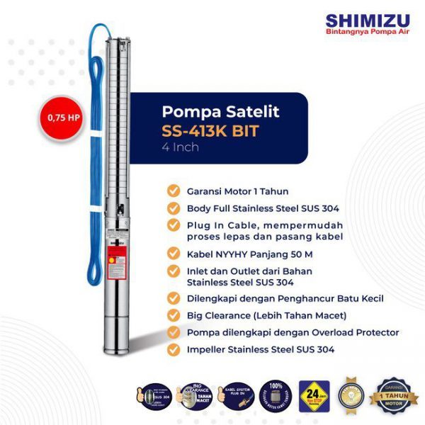 Mesin Pompa Celup Satelit SHIMIZU SS-413K BIT Submersible Pump 4 INCH 0,75 HP + Kabel 50 M Putra Int