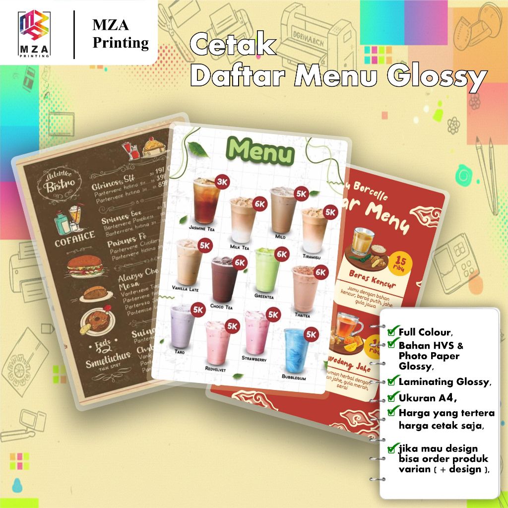 Cetak Daftar Menu + Laminating Glosy || Buku Menu || Menu Meja Laminating | Daftar Harga Makanan | H