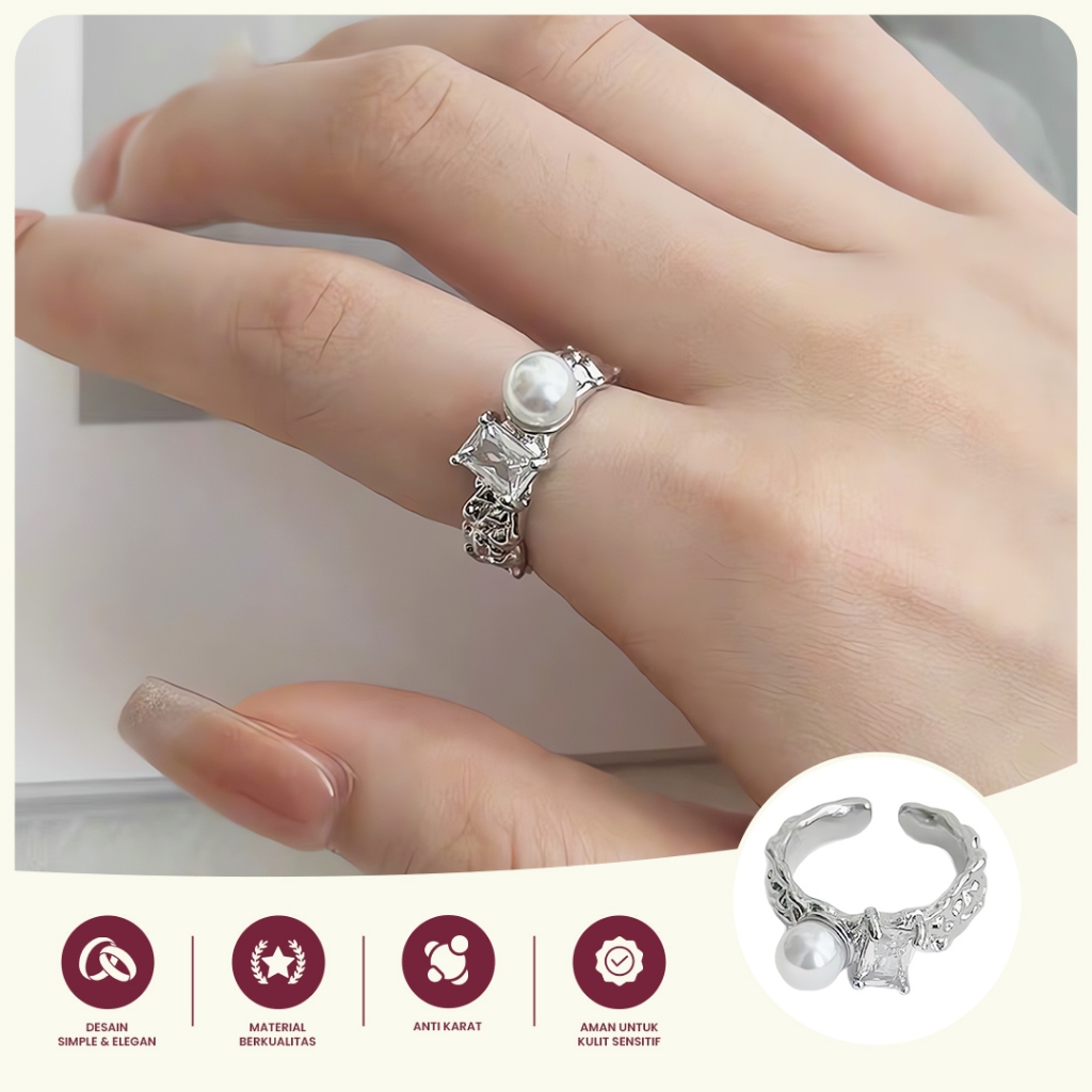 Cincin Wanita Mutiara Batu Kristal Silver Adjustable Anti Karat Cincin Fashion Elegan Simple Aksesor