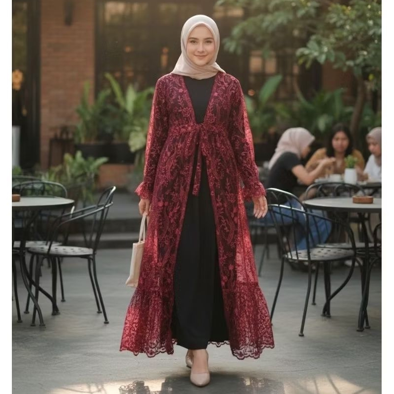Liliarda Long Outer Brokat Tile Outer Long Tile Lengan Panjang Wanita Elegan Kondangan Wisuda Pesta 
