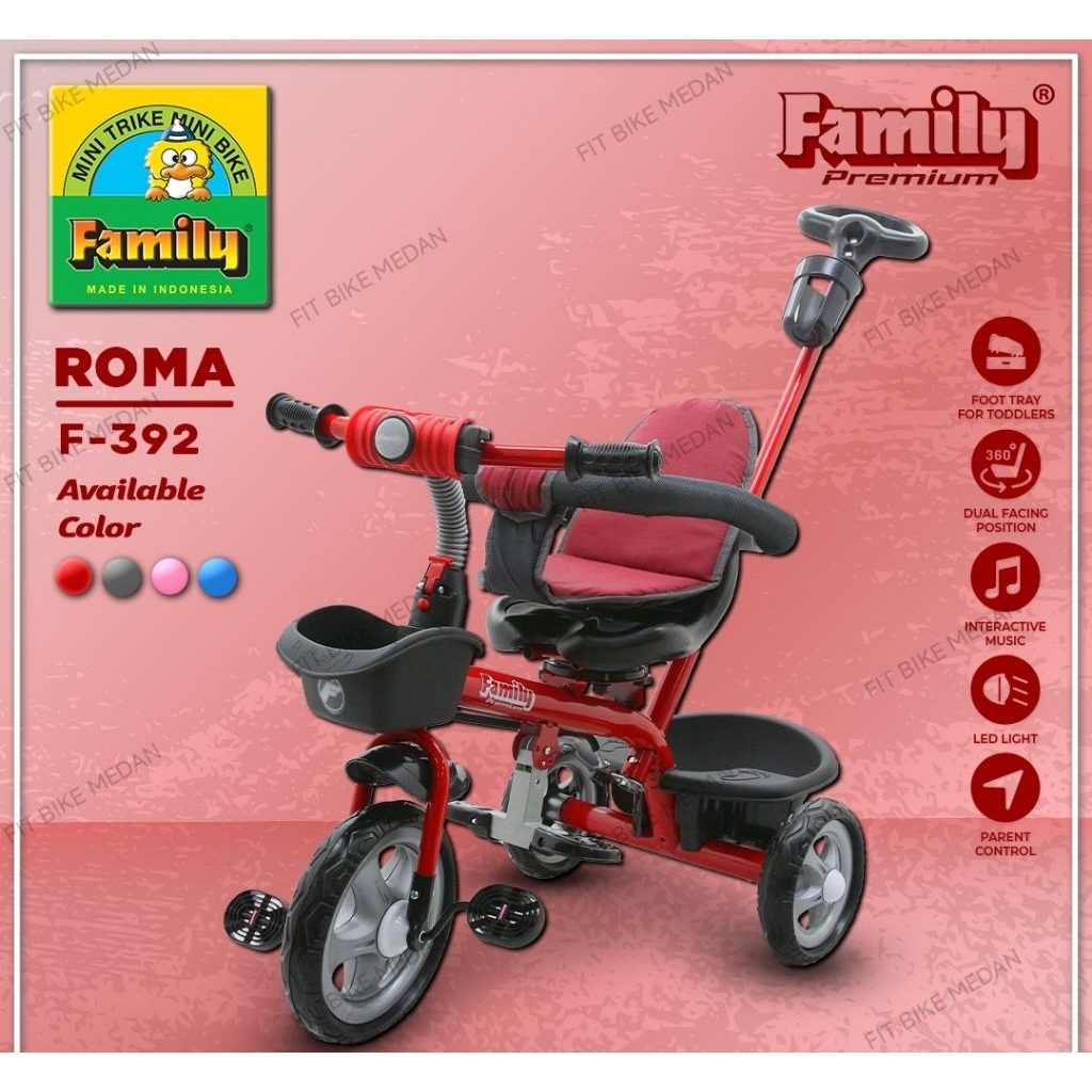 BECAK SEPEDA RODA TIGA TRICYCLE STROLLER FAMILY F-392 ROMA KURSI 360 DERAJAT MUSIK LAMPU