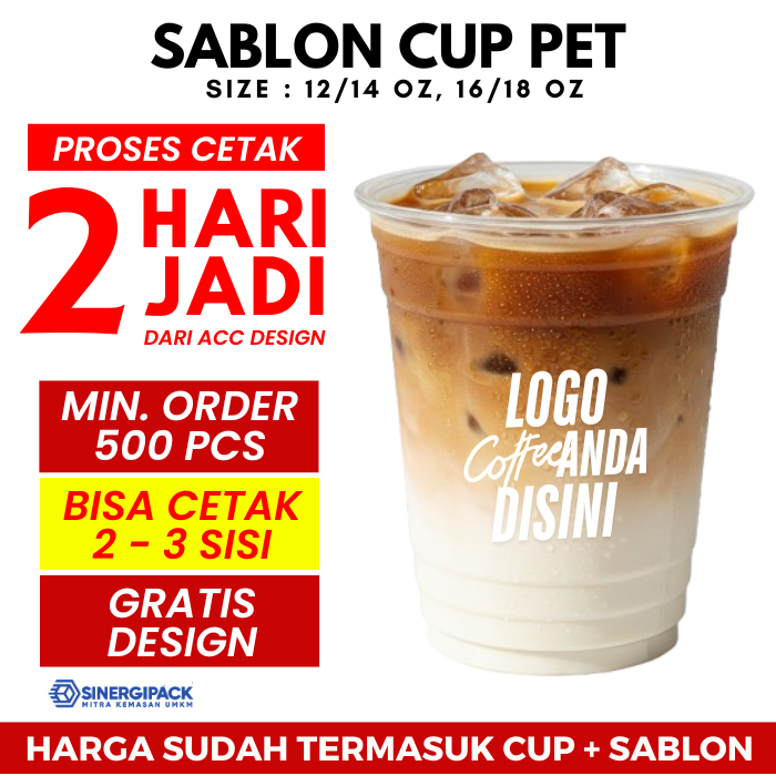 Sablon Cup Plastik PET 12oz/14oz, 16 oz DENGAN TUTUP