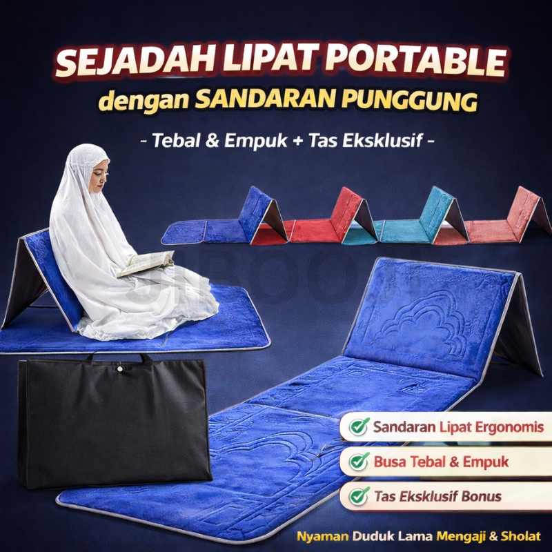 Sejadah Lipat Sandaran Duduk – Sejadah Portable Tebal Empuk + Tas Bawa