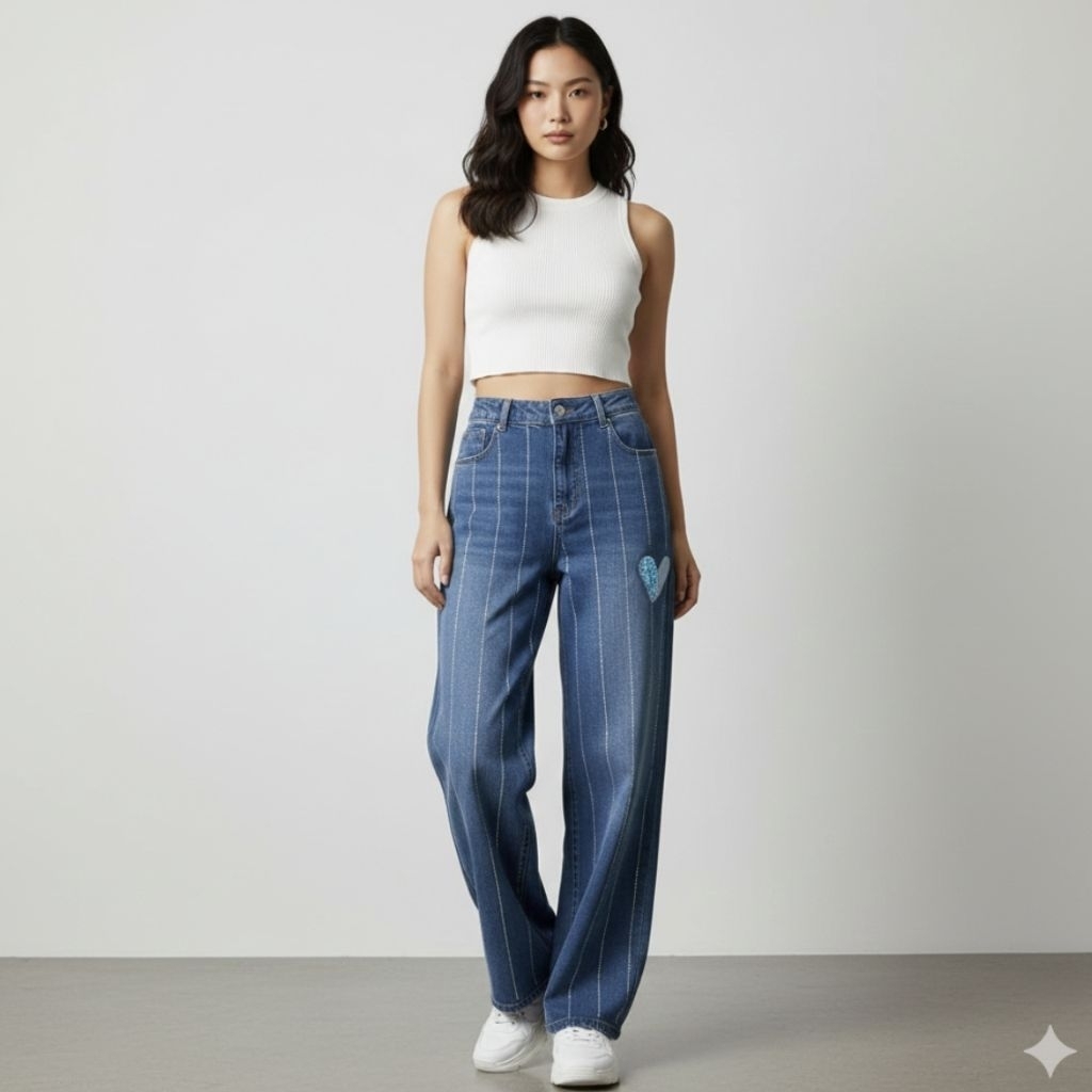 [READY] 100% BANGKOK CELANA PANJANG WANITA DENIM JEANS JINS BLINK BLINK PATCH HATI HEART SOFT JEANS 