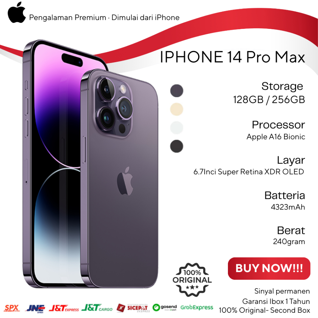Garansi 12 Bulan – iPhone 14 Pro Max 128/256GB Like New, Original iBox, IMEI Terdaftar, Fullset, Har
