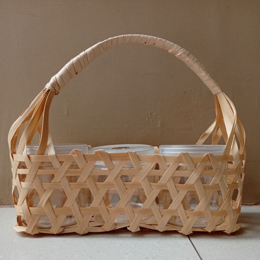 Keranjang Tas Anyaman Bambu 3 toples kuker|Tas Keranjang Serbaguna|Tas Anyaman|Hampers Hantaran|Bing